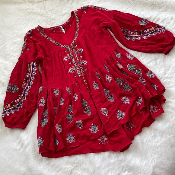 Free People Red Arianna Embroidered Tunic/ Dress size XS - Picture 3 of 10